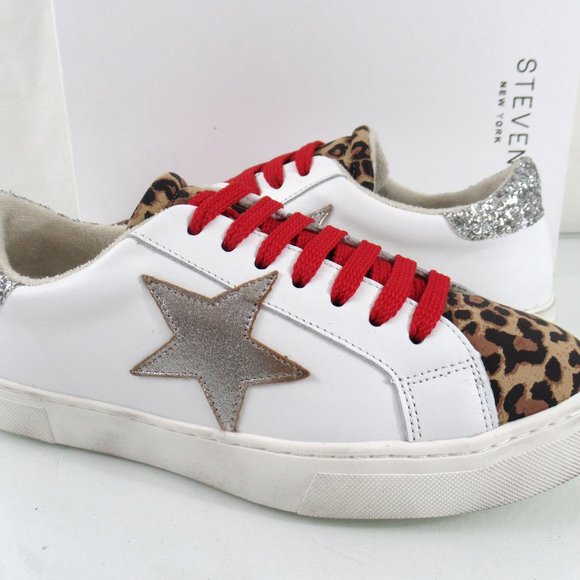 Steven New York By Steve Madden Rubie Lace Up Star Sneaker White Leopard Size 7 - Picture 8 of 9